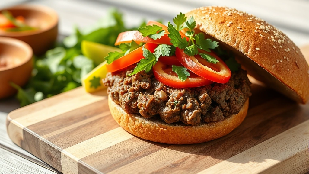 Beautifully plated ground beef burger with fresh vegetables, whole grain bun, and herb garnish on wooden cutting board, natural lighting, lifestyle food photography