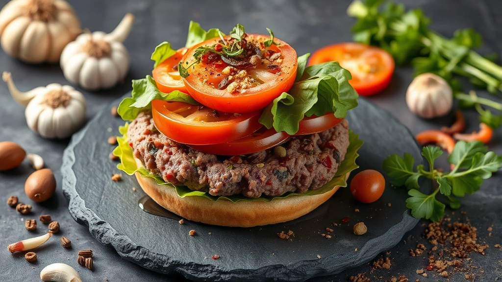 Plated gourmet burger made with 90/10 ground beef, topped with fresh lettuce, tomato, and artisanal toppings on a slate plate, surrounded by ingredients like garlic, onions, and spices, professional food styling photography