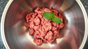 Close-up overhead shot of raw 93/7 ground beef in a stainless steel bowl with natural lighting, showing texture and color of premium lean meat without any packaging visible