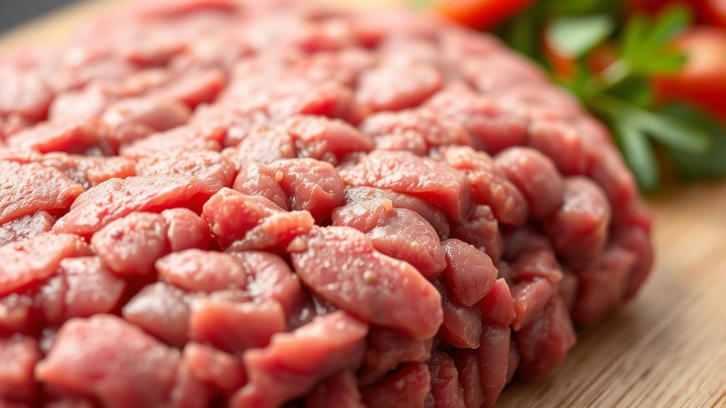 Close-up of raw ground beef with visible marbling and texture, showing the lean red meat composition with minimal fat streaks, professional food photography style, bright natural lighting, shallow depth of field focusing on meat quality
