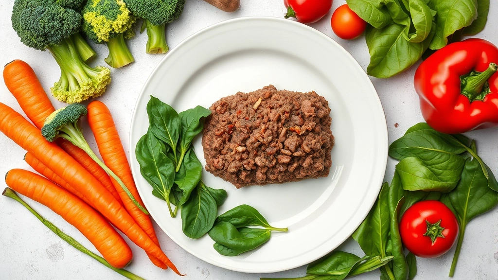 Vibrant flat lay composition of fresh vegetables including broccoli, carrots, bell peppers, and spinach arranged around a cooked ground beef portion on a modern plate, representing balanced meal composition