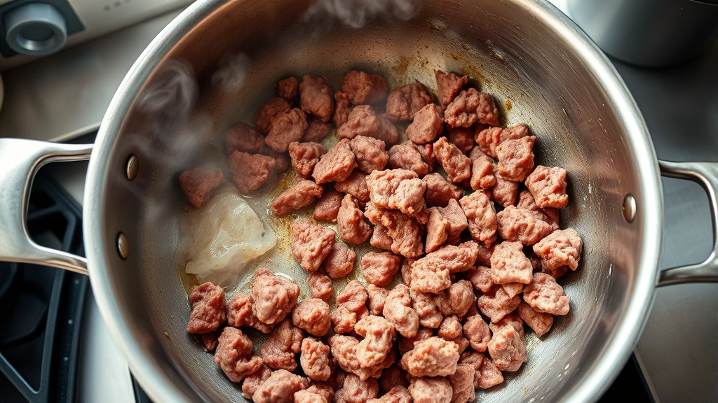 Overhead shot of cooked ground beef browning in a stainless steel skillet with rendered fat visible, steam rising, professional kitchen setting, natural daylight from window, showing cooking technique and meat texture transformation
