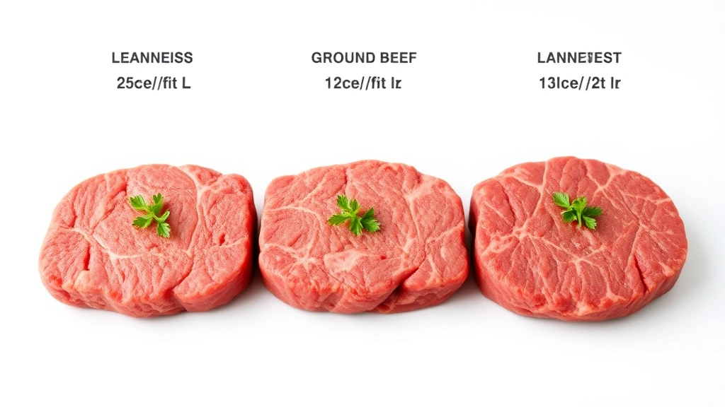 Clinical nutrition comparison visualization showing three ground beef samples at different leanness levels arranged side-by-side on neutral background, clearly distinguishing visual fat content differences between varieties