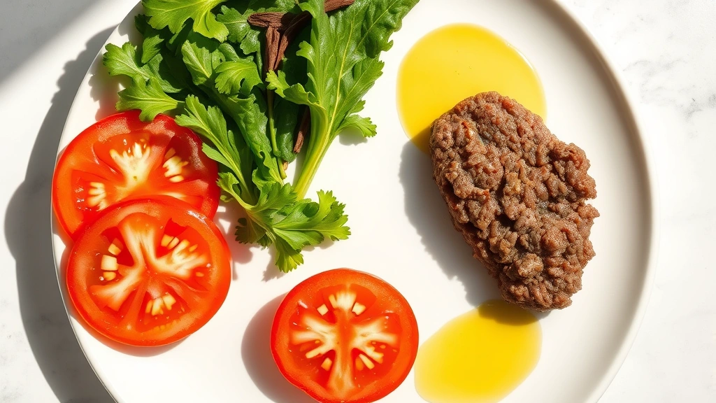 Styled flat lay of prepared ground beef meal components arranged on white plate: cooked ground beef portion, fresh tomato slices, leafy greens, and olive oil drizzle, modern food photography with natural shadows, nutritious meal composition display