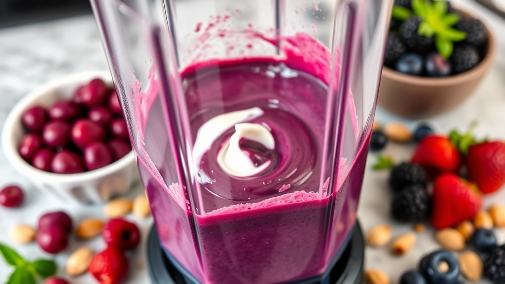 Close-up of vibrant purple acai puree being blended with Greek yogurt in a modern kitchen blender, showing smooth texture and rich color, surrounded by fresh berries and nuts on the counter