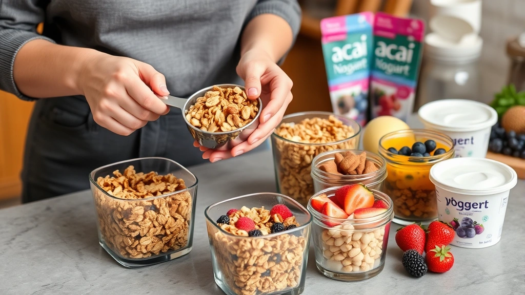 Nutritionist hands measuring and portioning granola and nuts into glass containers for meal prep, with fresh fruit, acai packets, and yogurt visible in organized kitchen arrangement