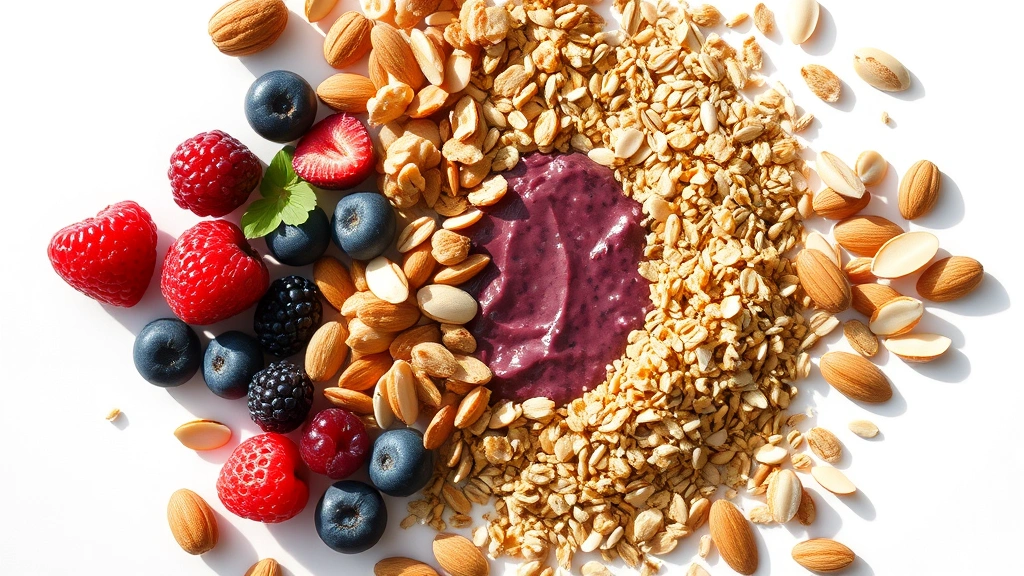 Close-up flat lay of premium acai bowl ingredients arranged individually on white background including fresh berries, mixed nuts, seeds, low-sugar granola, hemp seeds, and sliced almonds with morning light creating soft shadows