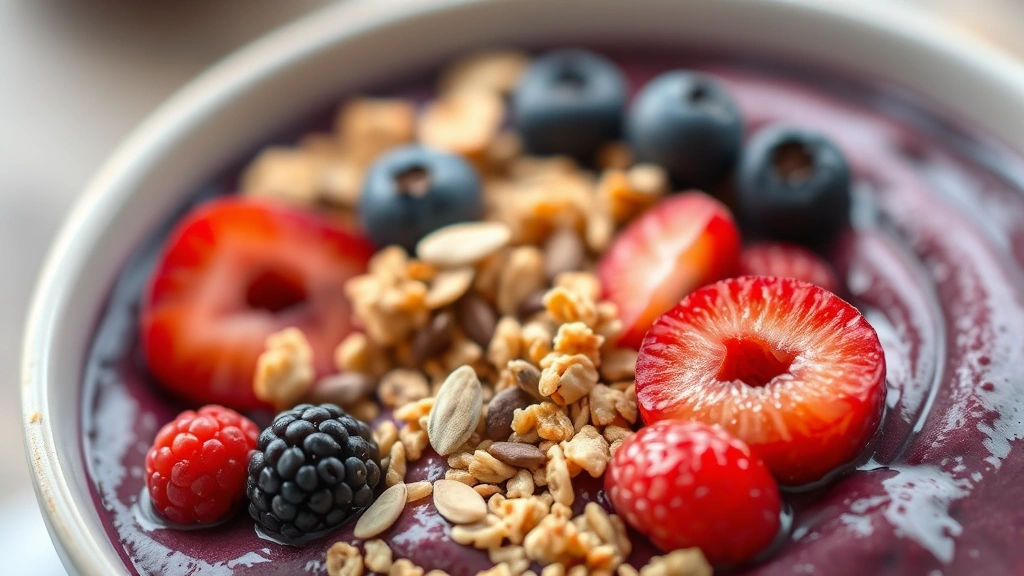 Detailed macro photography of acai bowl texture showing layers of smooth purple acai puree topped with crunchy granola, whole berries, sliced fruit, and seed sprinkle with shallow depth of field emphasizing ingredient quality