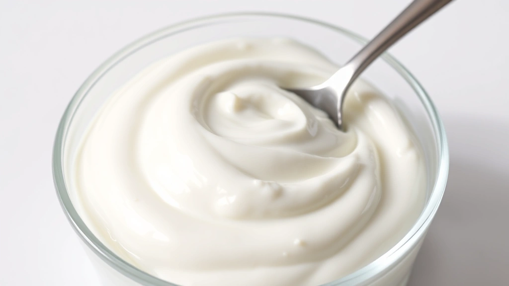 Close-up of creamy plain yogurt in a clear glass bowl with a silver spoon, natural lighting highlighting texture and freshness, minimalist composition against white background