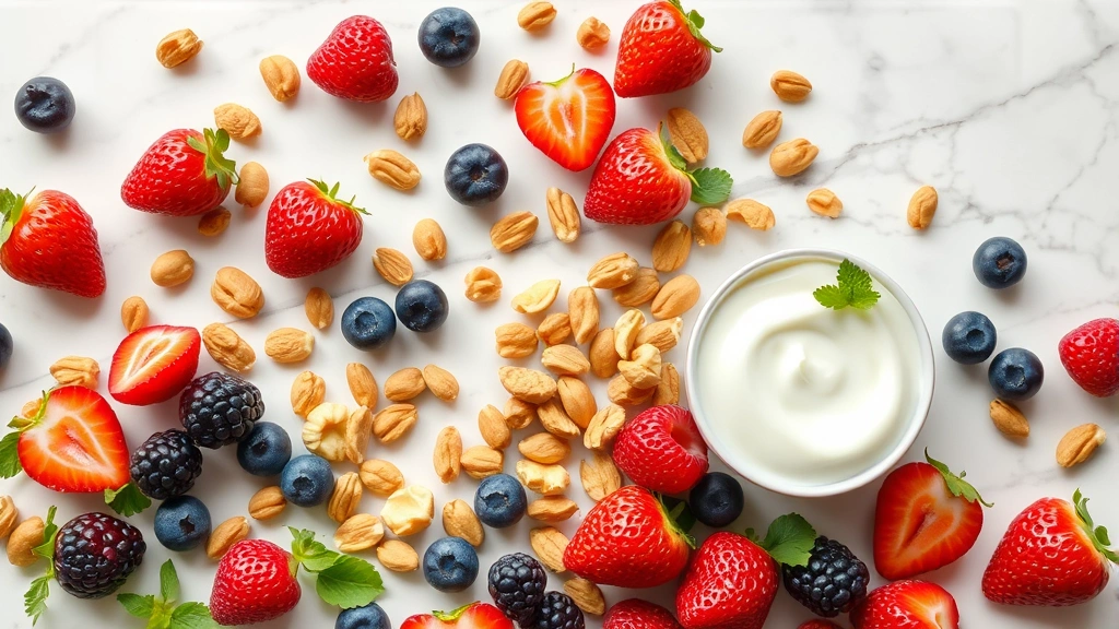 Vibrant flatlay of fresh berries, nuts, and a container of plain yogurt arranged artfully on marble surface, soft natural window lighting, food styling aesthetic