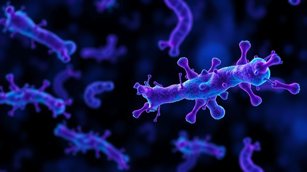 Microscopic visualization of beneficial probiotic bacteria in abstract digital art style, glowing blue and purple bacterial cells on dark background, scientific illustration quality