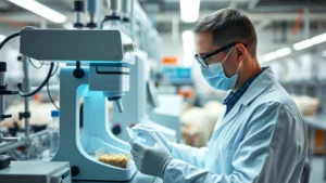 Laboratory technician conducting feed quality testing with modern analytical equipment, examining samples under controlled lighting in a professional animal nutrition facility, professional industrial setting