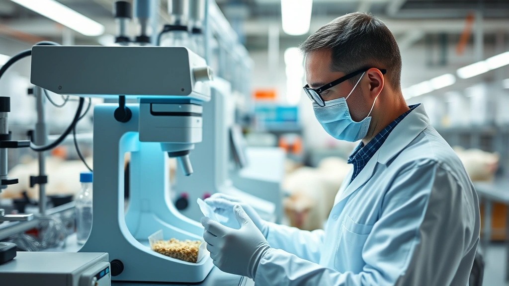 Laboratory technician conducting feed quality testing with modern analytical equipment, examining samples under controlled lighting in a professional animal nutrition facility, professional industrial setting
