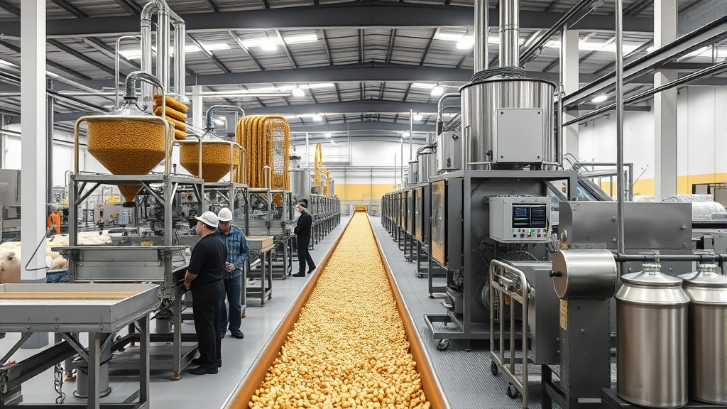Modern animal feed manufacturing facility with conveyor systems and quality control stations, showing feed production process with workers monitoring equipment, industrial agricultural infrastructure
