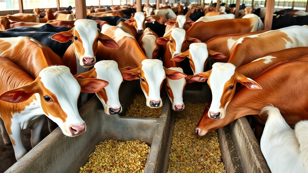 Livestock animals in a farm environment consuming feed from troughs, showing healthy cattle or poultry in well-maintained farming operations, pastoral agricultural scene