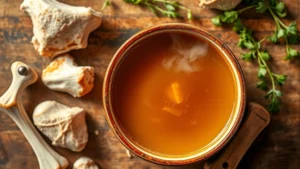 Overhead shot of a steaming ceramic bowl of golden bone broth with visible gelatin coating, surrounded by raw bones and fresh herbs on a wooden surface, warm kitchen lighting