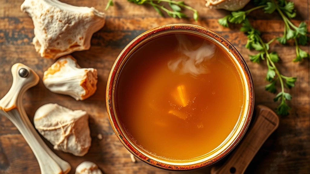 Overhead shot of a steaming ceramic bowl of golden bone broth with visible gelatin coating, surrounded by raw bones and fresh herbs on a wooden surface, warm kitchen lighting