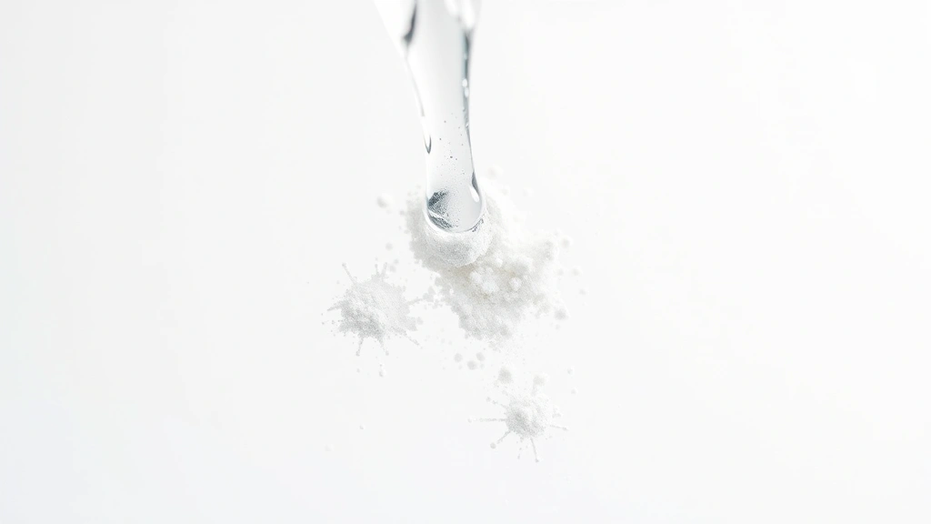 Close-up macro photography of collagen peptide powder dissolving into liquid, showing molecular structure visualization, scientific laboratory aesthetic with clean white background