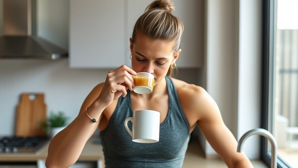 Fitness enthusiast drinking bone broth from a white mug after workout, showing recovery and wellness context, natural daylight from large window, modern minimalist kitchen setting