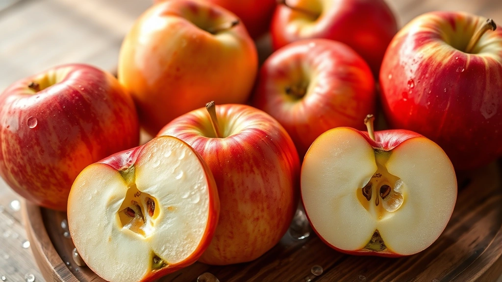 Close-up of fresh Gala apples with vibrant red-orange gradient coloring, arranged on wooden surface with water droplets, natural morning sunlight highlighting texture and freshness, photorealistic high-definition