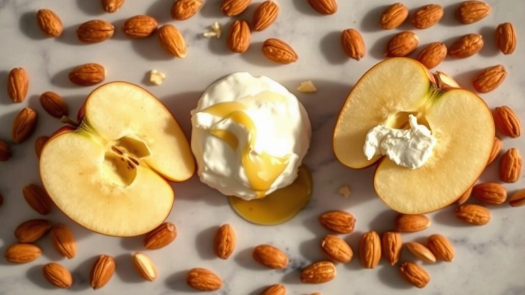 Overhead flat lay composition of sliced Gala apple halves showing interior flesh, surrounded by scattered almonds, Greek yogurt dollop, and honey drizzle on marble countertop, warm natural lighting, food styling photography