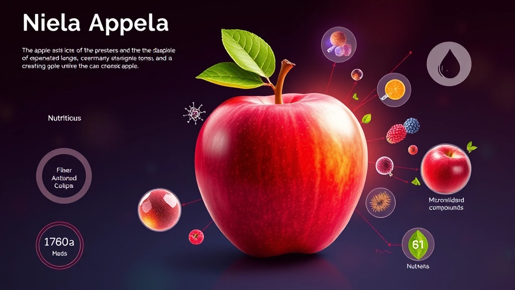 Vibrant digital health infographic visualization showing nutritional breakdown of Gala apple with fiber molecules, antioxidant compounds, and micronutrient icons floating around whole apple, clean modern design aesthetic