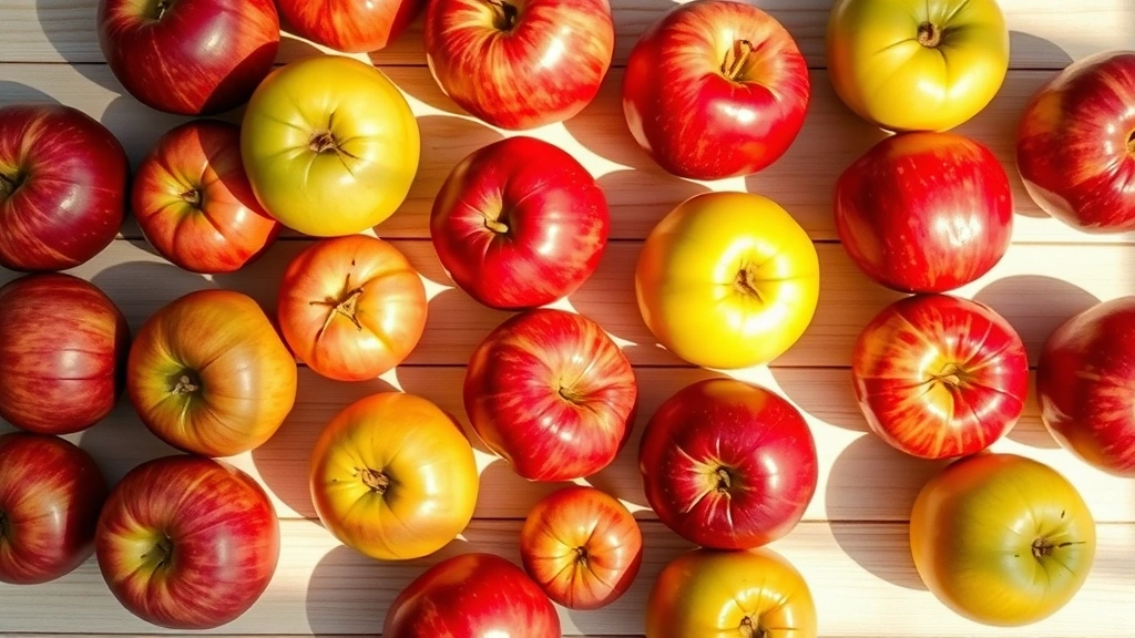 Overhead flat lay of fresh apples in various red and green varieties arranged on light wooden surface with natural morning sunlight casting soft shadows, showcasing whole fruit texture and skin detail