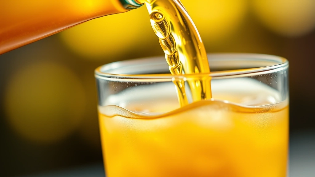 Close-up macro photography of apple juice being poured into clear glass with backlit golden amber liquid, showing translucent quality and color saturation of processed juice beverage