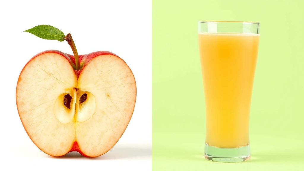 Split-screen conceptual image showing whole apple on left side with visible fiber structure and cross-section detail, contrasted with glass of apple juice on right side, emphasizing visual difference between whole fruit and processed beverage