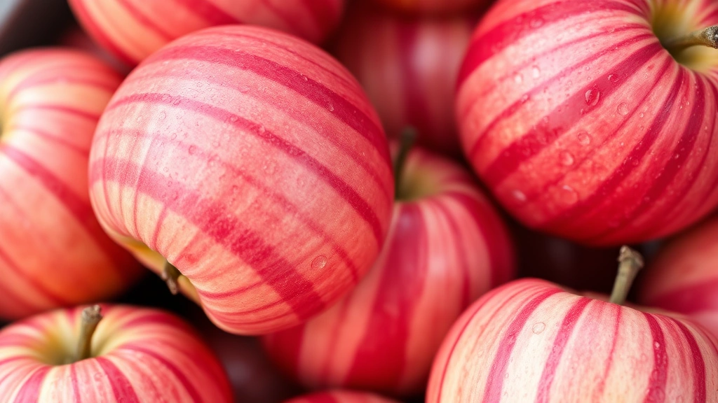 Close-up photograph of fresh Pink Lady apples with deep pink and red coloration, water droplets on skin, natural lighting highlighting the distinctive striped pattern and glossy surface of multiple apples