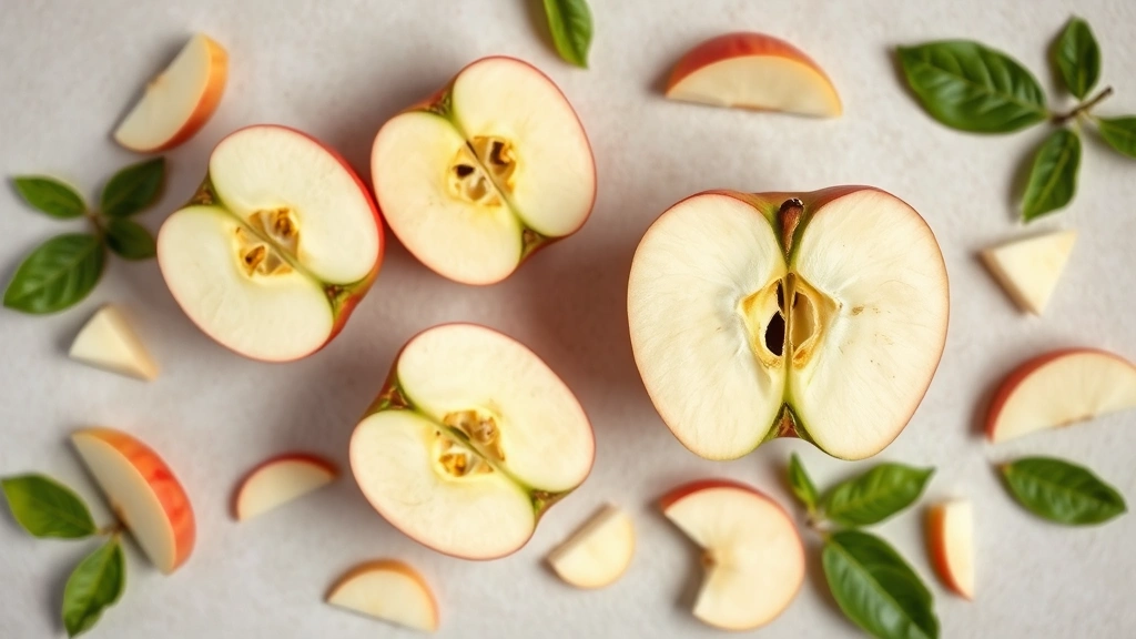 Overhead flat lay arrangement of sliced Pink Lady apple halves showing crisp white flesh interior, arranged on neutral background with scattered apple slices and fresh green leaves, natural daylight