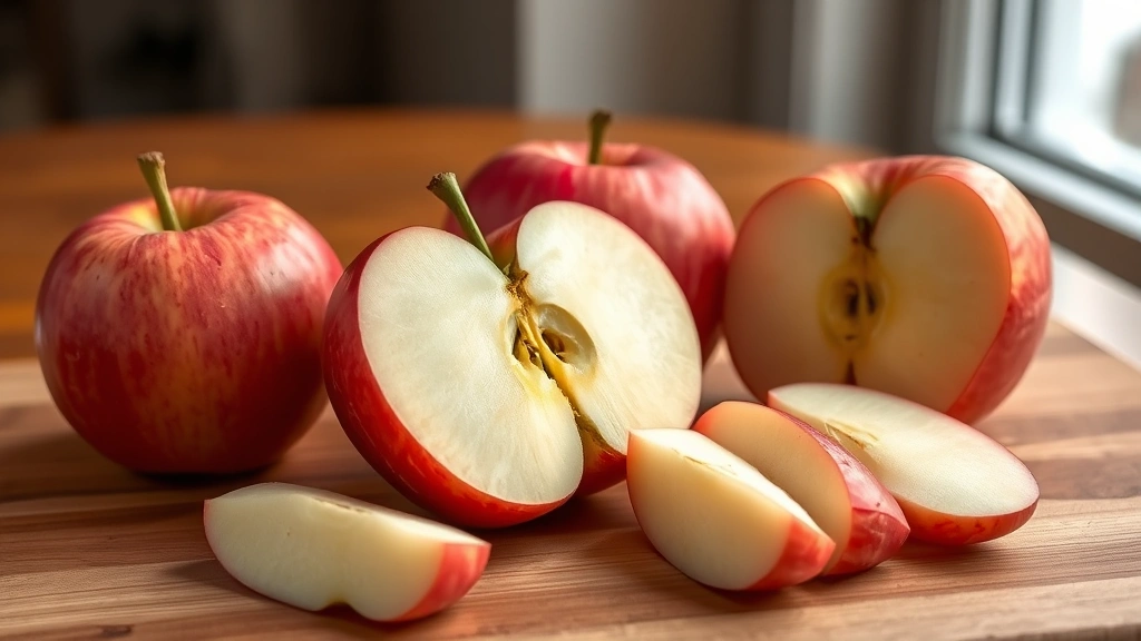Wide shot of Pink Lady apples in various stages of consumption - whole apple, half-sliced apple, and individual slices arranged artfully on wooden cutting board with soft natural window lighting