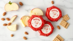 Close-up overhead shot of unwrapped Babybel cheese rounds in red wax coating arranged on white marble surface with fresh ingredients like apple slices, almonds, and whole grain crackers scattered nearby, natural daylight, professional food photography style