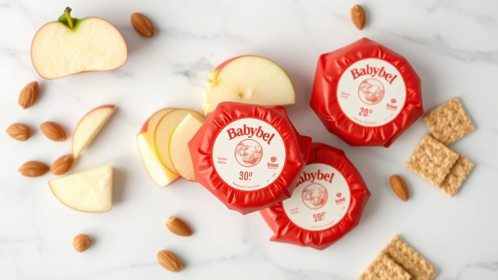 Close-up overhead shot of unwrapped Babybel cheese rounds in red wax coating arranged on white marble surface with fresh ingredients like apple slices, almonds, and whole grain crackers scattered nearby, natural daylight, professional food photography style