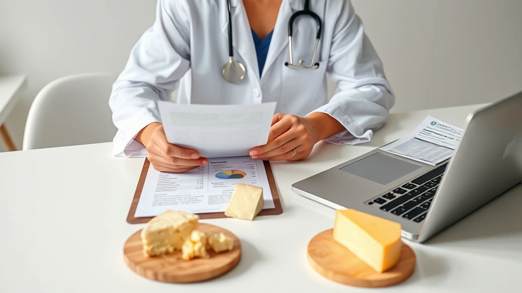 Registered dietitian reviewing nutrition labels and comparing different cheese varieties on a bright modern desk with clipboard, laptop showing nutritional data charts, clean minimalist workspace aesthetic