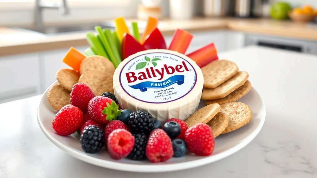 Colorful balanced snack plate featuring Babybel cheese round, fresh berries, whole grain crackers, and vegetables arranged artfully on white ceramic plate, bright kitchen counter background, health-focused composition