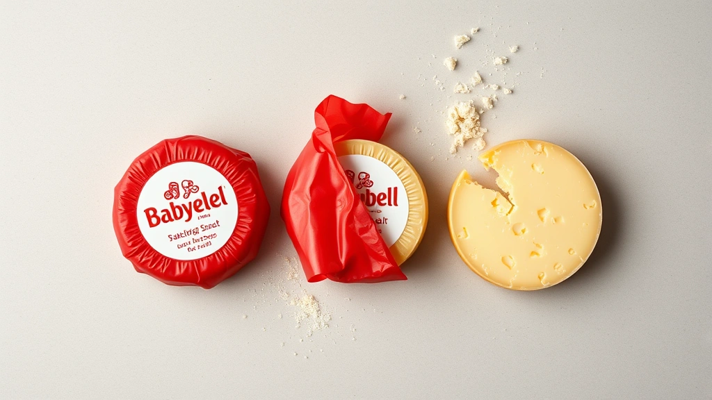 Overhead flat lay composition showing three Babybel rounds at different stages: wrapped in red wax, partially unwrapped, and fully exposed cheese, arranged artfully with scattered crumbs on neutral background
