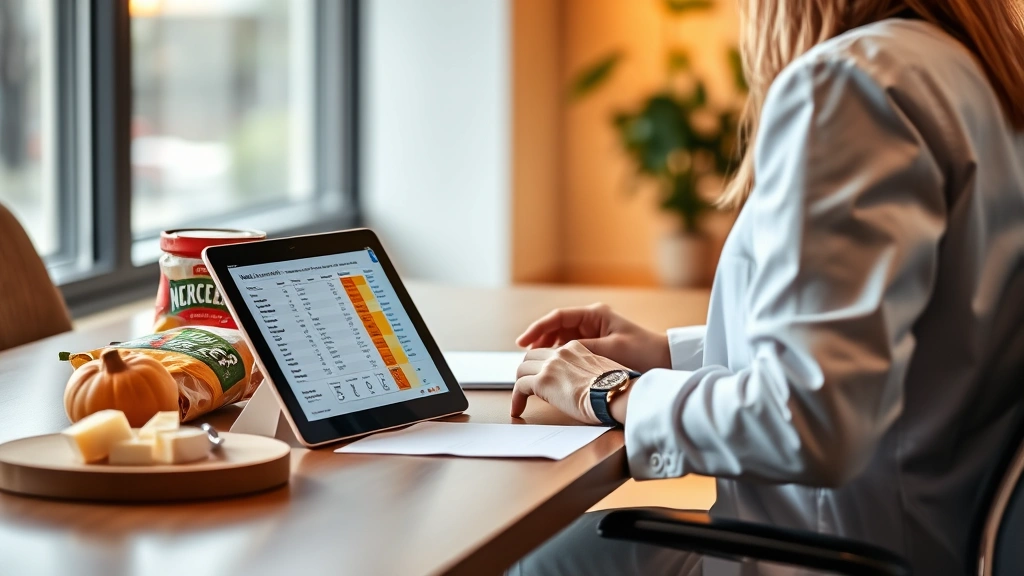 Nutritionist reviewing food labels and cheese products on modern desk with tablet displaying nutrition data, professional office setting, warm natural lighting, focused on analysis and education