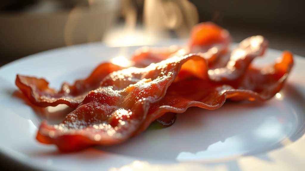 Close-up of crispy bacon strips on white ceramic plate with morning sunlight streaming across, steam rising slightly, shallow depth of field, photorealistic, no text or labels visible
