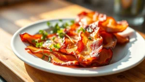 Close-up of crispy bacon strips arranged on white ceramic plate with fresh herbs, natural sunlight streaming across, professional food photography style, shallow depth of field, warm golden lighting, no text or labels visible
