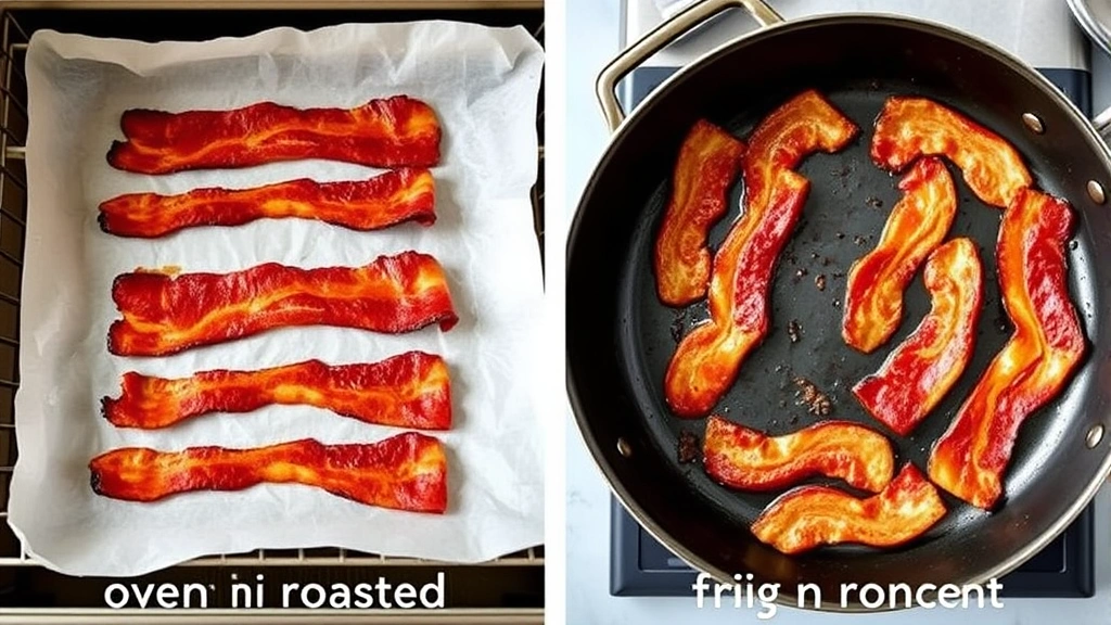 Split-screen comparison showing oven-roasted bacon on parchment paper versus pan-fried bacon in skillet, demonstrating different cooking methods and fat content, bright kitchen lighting, professional culinary photography, no labels or text