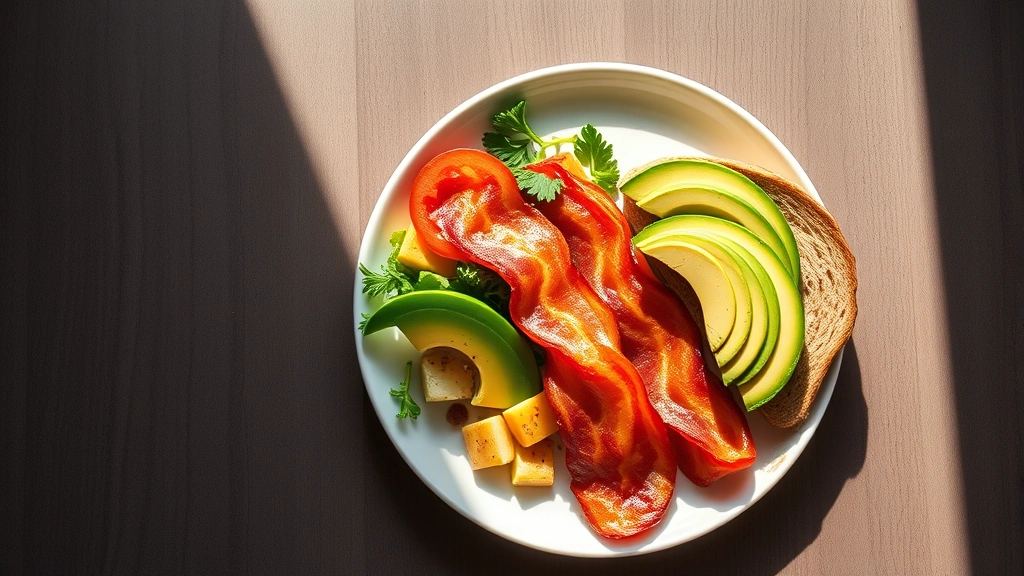 Balanced breakfast plate featuring bacon strips alongside fresh vegetables, whole grain toast, and avocado, artfully composed from above, natural morning light, minimalist styling, restaurant-quality presentation, no visible text or nutritional labels