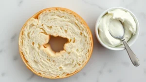 Close-up overhead shot of a freshly baked plain bagel cut in half, showing its dense crumb structure, alongside a small white ceramic bowl of whipped cream cheese with a silver spreader, professional food photography style, natural morning light, white marble surface background