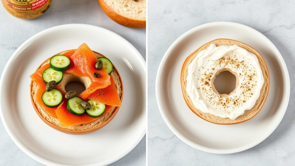 Split-screen nutritional comparison visualization: left side shows a whole wheat bagel with various toppings (smoked salmon, capers, cucumber slices), right side shows a plain bagel with standard cream cheese, both on neutral plates, clean minimalist styling, digital food photography