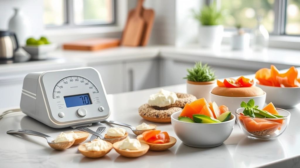 Modern kitchen scene with a nutrition scale, measuring spoons of cream cheese, sliced bagel varieties (plain, whole wheat, multigrain, everything), fresh toppings in small bowls (tomato, cucumber, Greek yogurt, smoked salmon), bright natural window lighting, contemporary kitchen counter setting