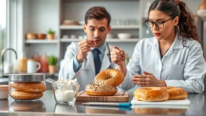 Professional nutritionist analyzing bagel ingredients in modern kitchen laboratory setting with fresh whole grain bagels, cream cheese, and measuring tools on clean stainless steel counter