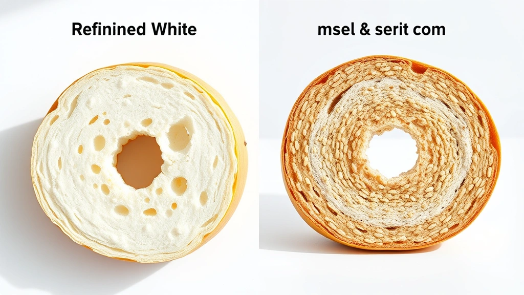 Split-screen comparison showing refined white bagel cross-section versus whole grain bagel cross-section with visible grain texture, displayed on white surface with natural lighting