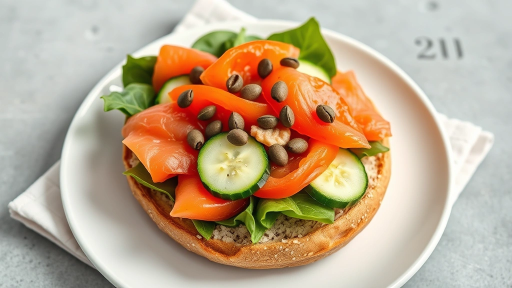 Colorful healthy bagel breakfast bowl featuring whole grain bagel topped with smoked salmon, fresh tomatoes, spinach, cucumber slices, and capers on minimalist white plate with napkin