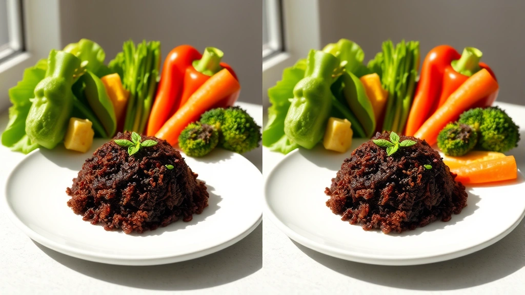 Split-screen comparison showing vibrant vegetables (bell peppers, broccoli, carrots) arranged artfully around a portion of dark balsamic-infused rice on white plate, natural daylight, fresh and appetizing presentation, no text or labels