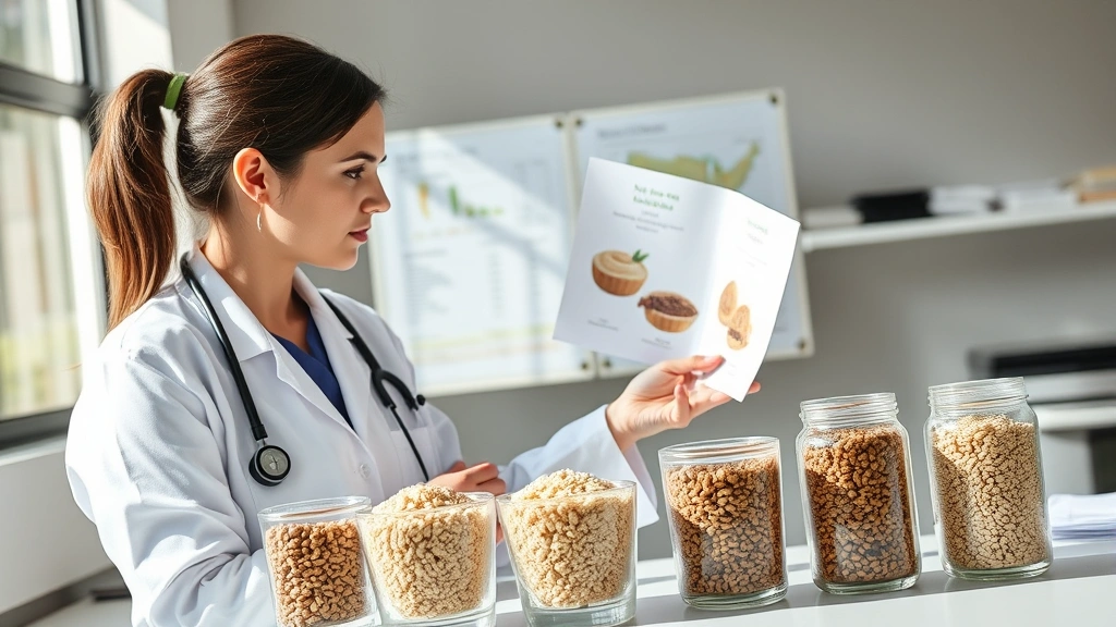 Nutritionist or healthcare professional in clinical setting reviewing grain samples and nutritional charts, showing whole grains in glass containers including brown rice and balsamic preparation, bright natural lighting, professional atmosphere, no visible screen text